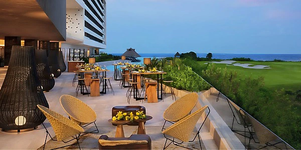 Grand Vista Terrace oceanview wedding ceremony setup at Dreams Vista Cancun Golf & Spa Resort