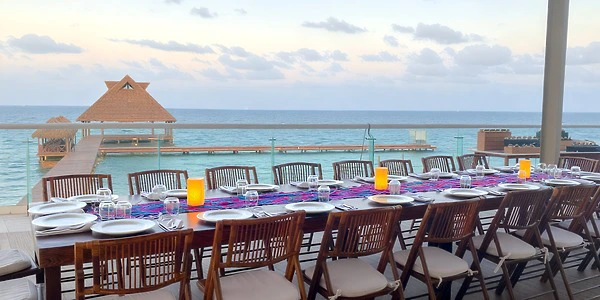 Ocean View Terrace wedding setup with panoramic sea views at Dreams Vista Cancun Golf & Spa Resort