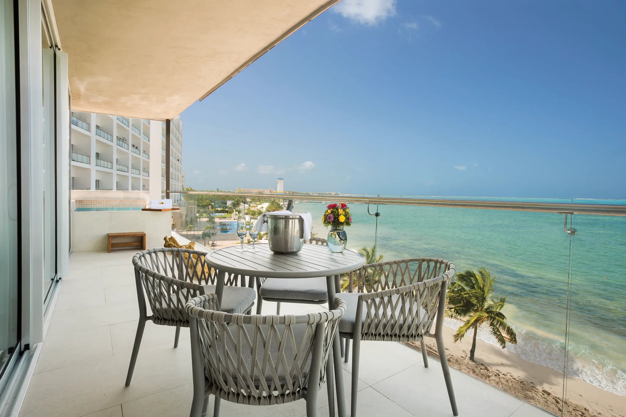 Preferred Club Master Suite Ocean Front balcony with private plunge pool and ocean views at Dreams Vista Cancun.