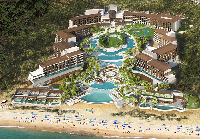 Dreams Playa Mujeres Golf & Spa Resort beachfront property with expansive pools, lush grounds, and pristine Playa Mujeres beach setting.